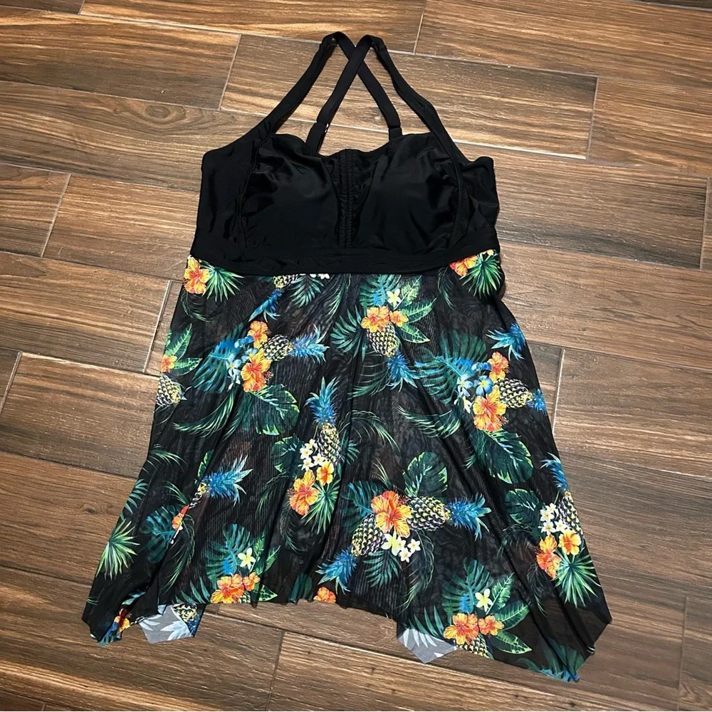 Daci Women’s Swim Dress 22 W Black‎ Tropical Print Pineapple Floral Padded